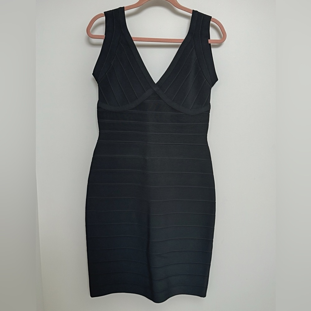 Herve Leger Black Bodycon V-Neck Cocktail Dress